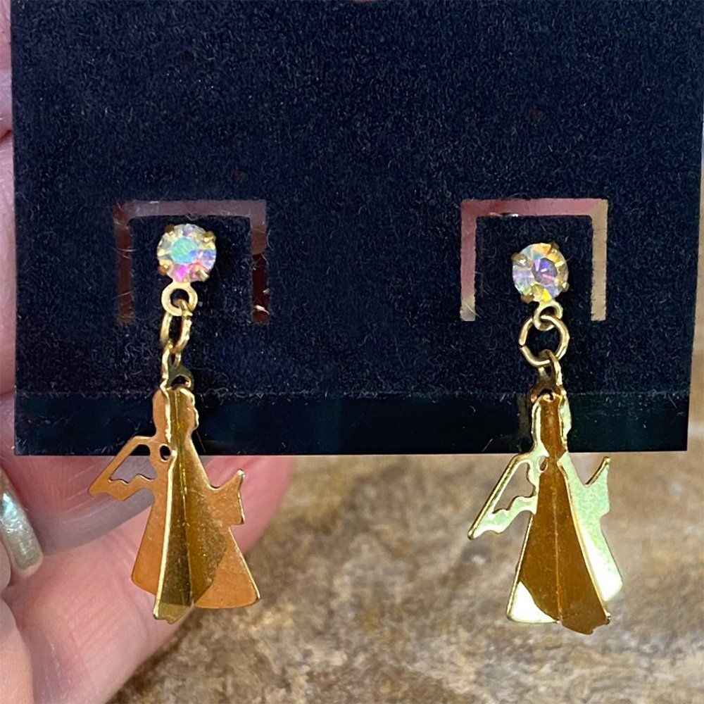 Avon Vintage 80s Angel Earrings Holiday Jewelry Goldtone Rhinestones